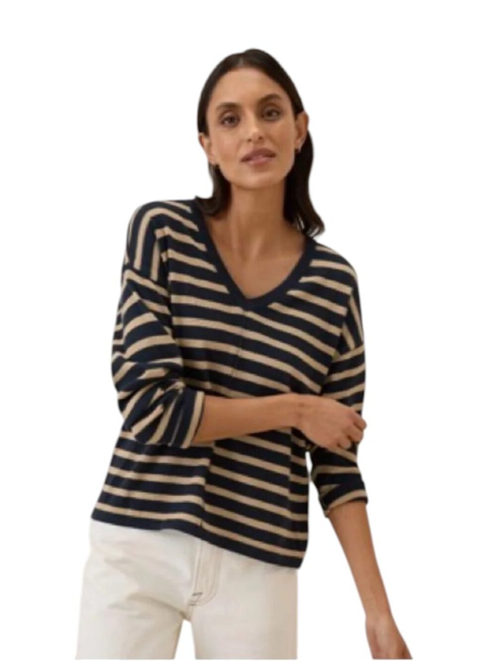 Pact Organic Cotton Navy Blue Tan Stripe V Neck Long Sleeve Sweater